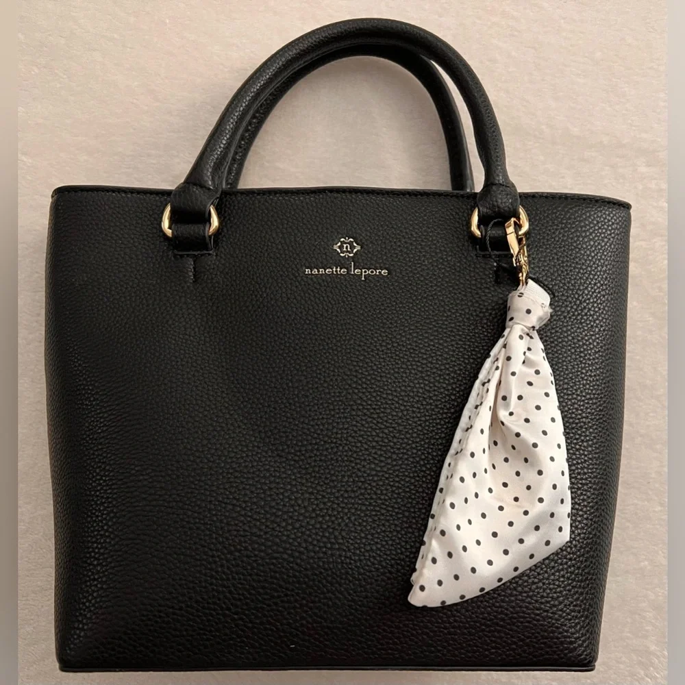 Nanette Lepore Black Priya Satchel Bag Crossbody Tote with Polka Dot Accent